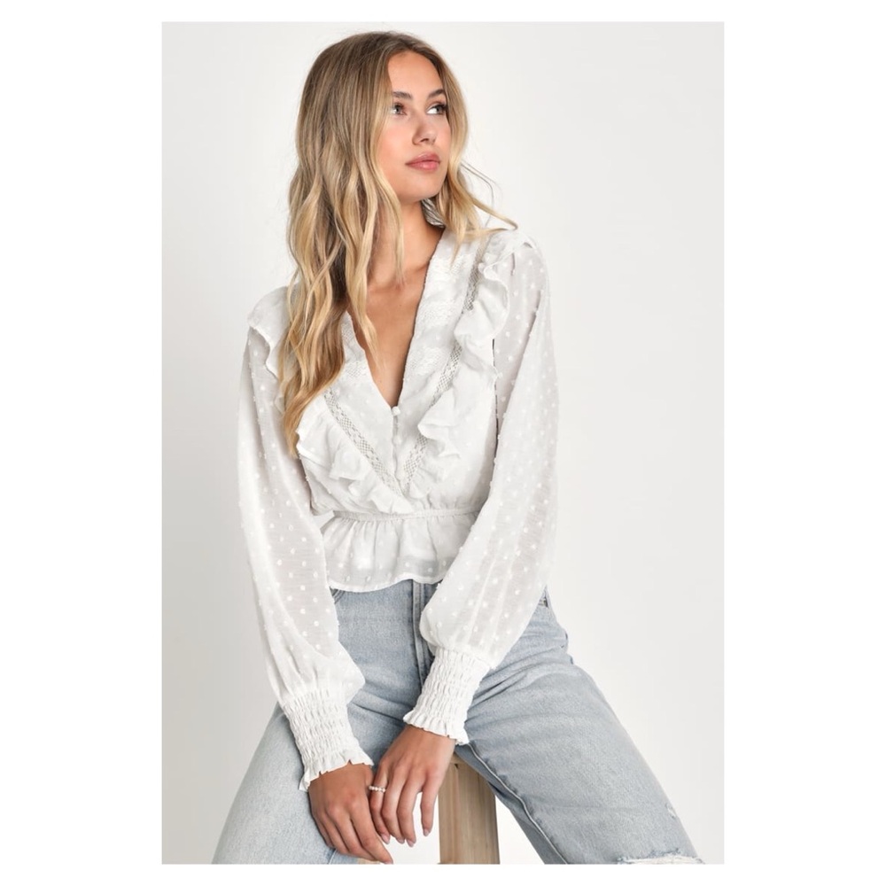Lulu's Whimsical Charm White Swiss Dot Ruffled Long Sleeve Top White XL